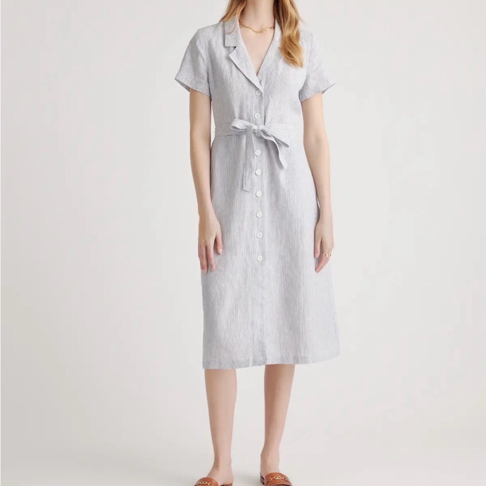 Quince Linen-Blend Blue Pinstripe Midi Dress XL NWT Button Front Tie Waist